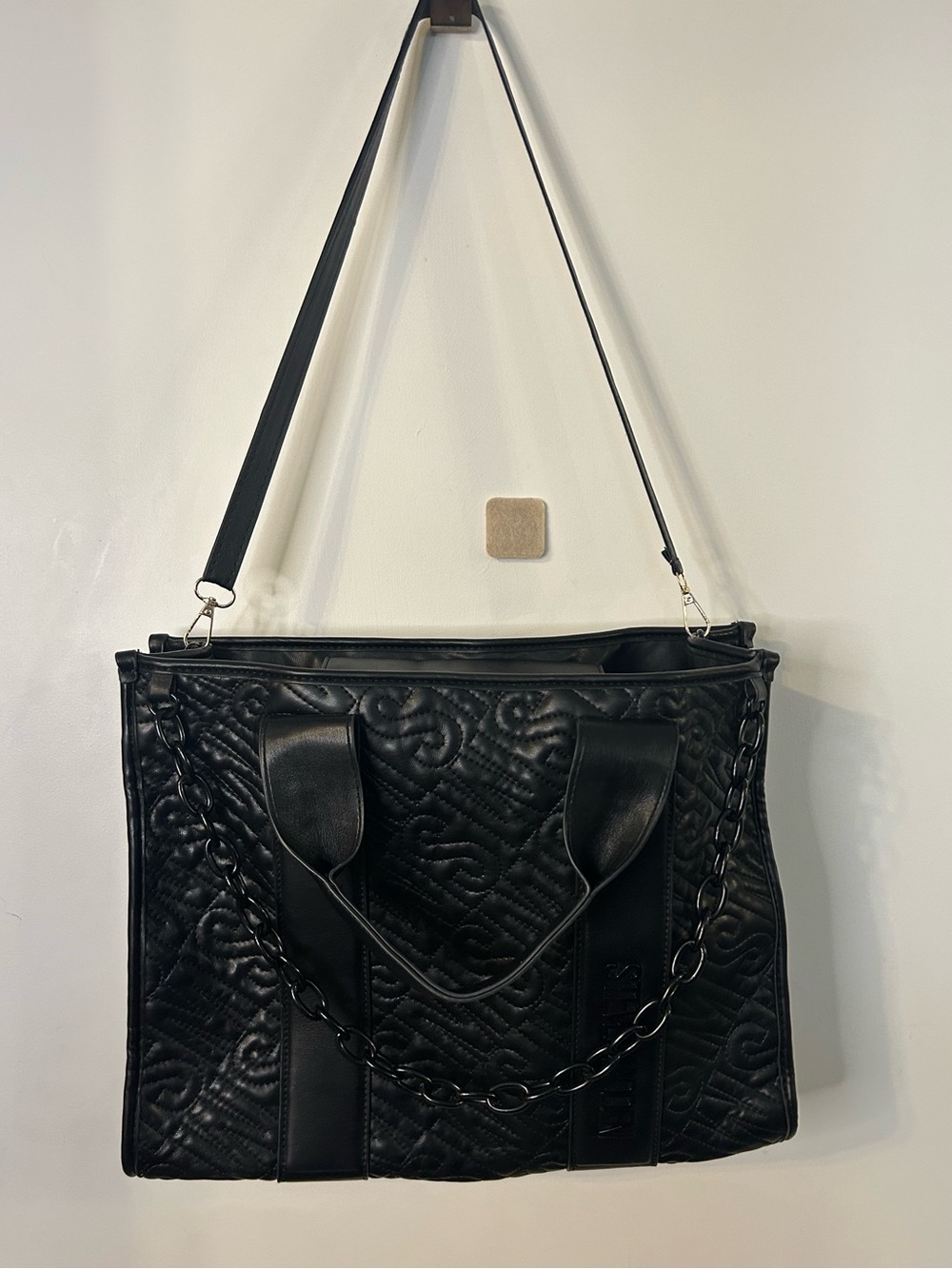 Steve Madden Black Quilted Chain-Detail Tote